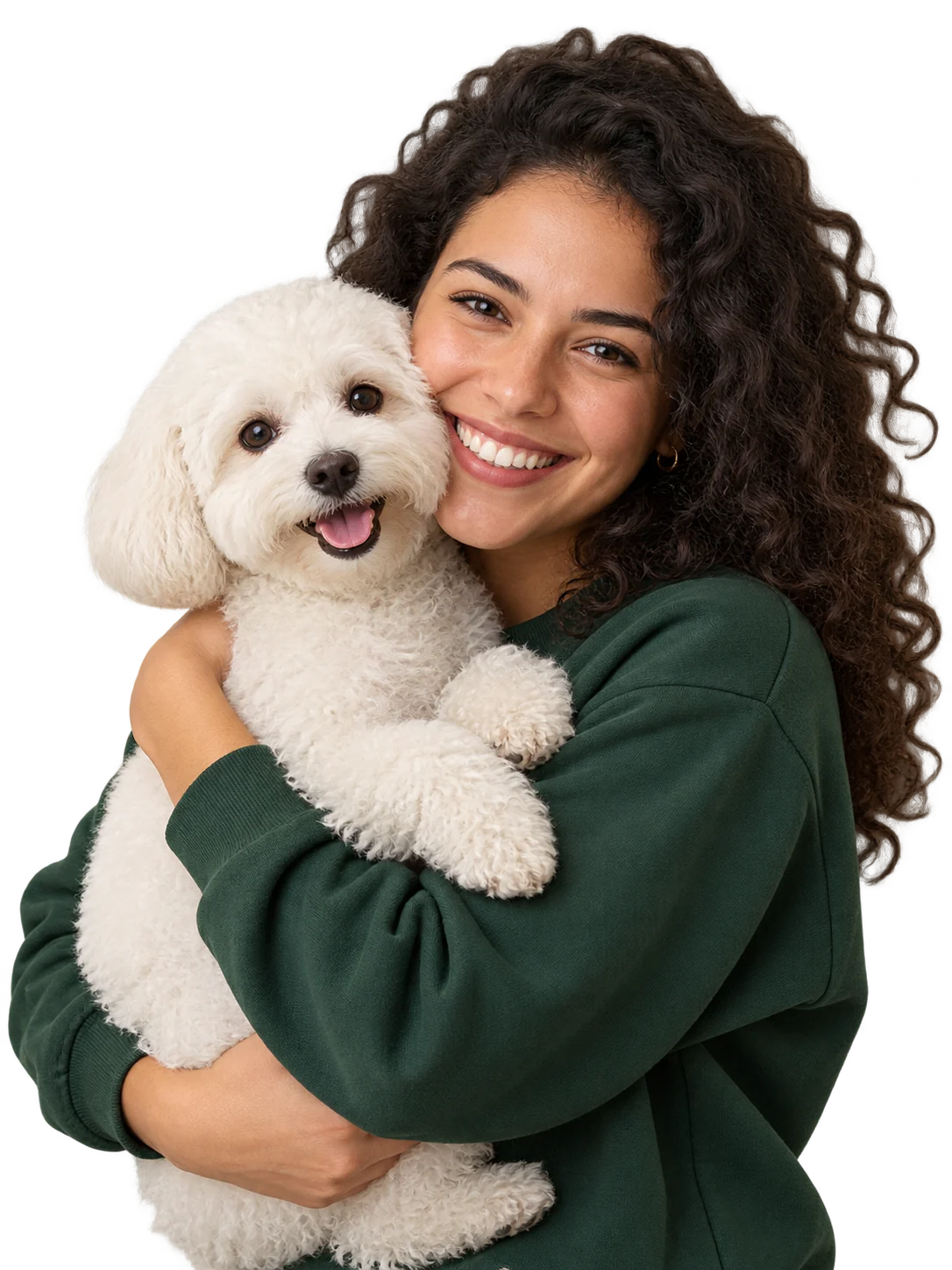 Tutora abraçando um bichon frisé branco