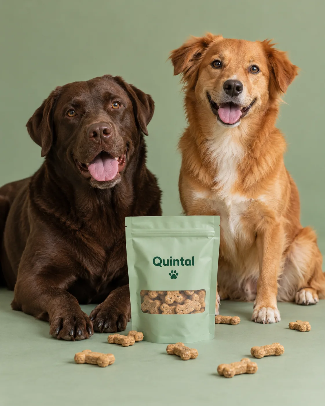 Dois cachorros sentados ao lado de um pacote de petiscos da Quintal