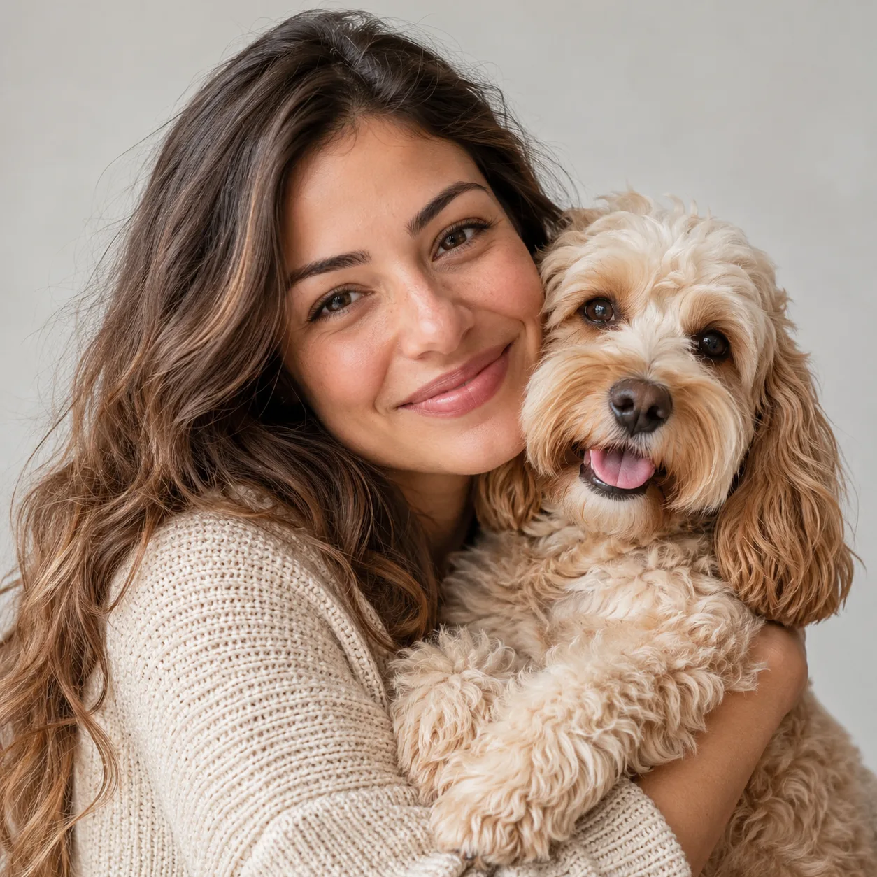 Tutora com um cockapoo no colo