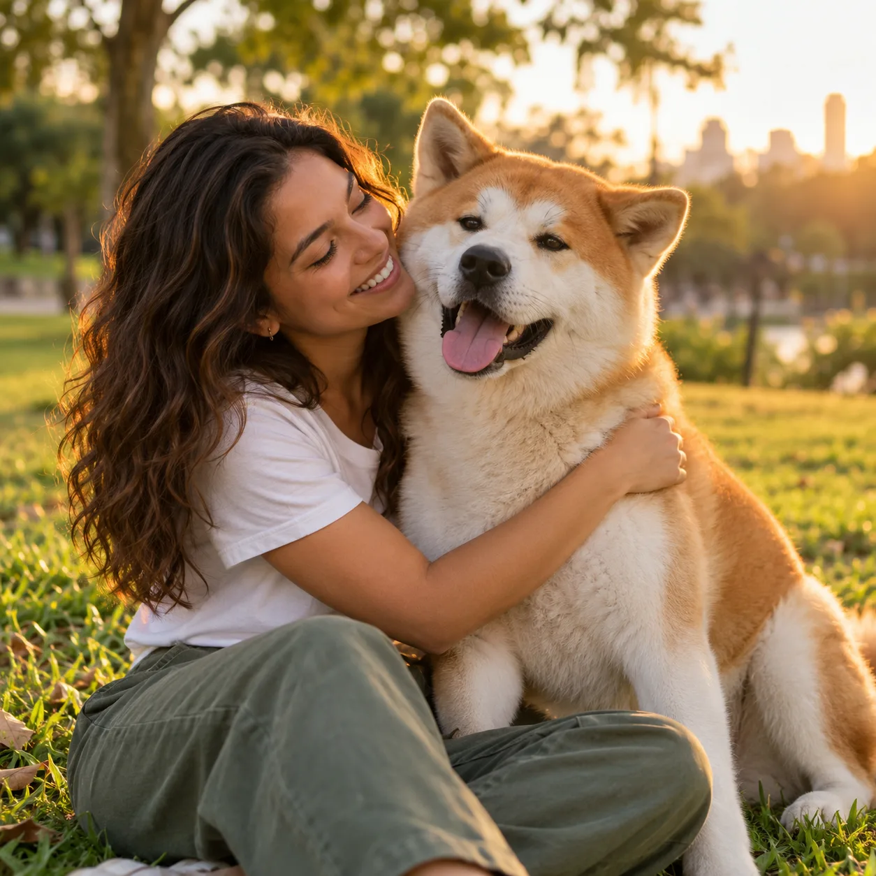 Tutora abraçando um akita no gramado